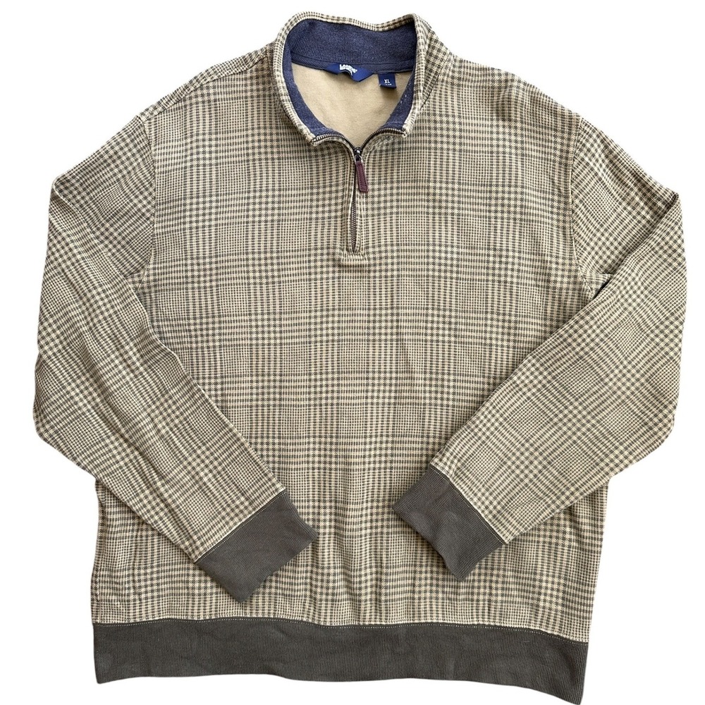 Lands' End Quarter Zip Pullover Mens XL Tan Brown Plaid Cotton Sweater Excellent